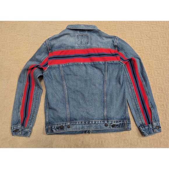 Levi's Trucker Denim Jacket Men's Medium with Red Blue Black Stripe - Picture 1 of 6